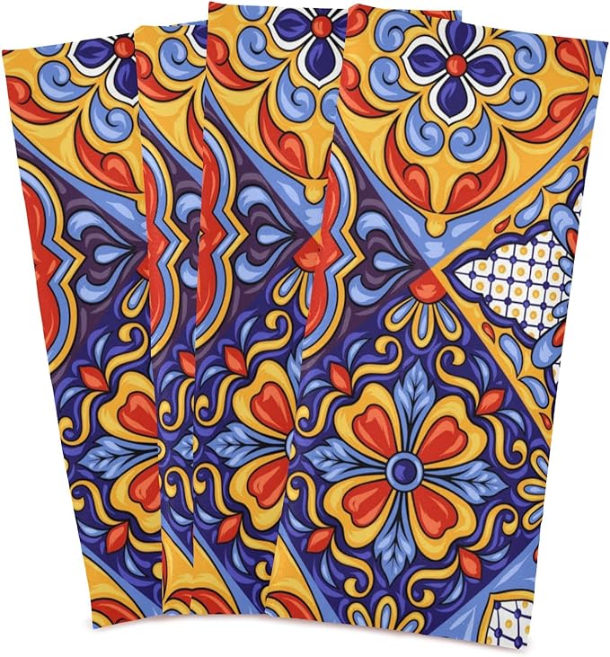 STAYTOP Mexican Talavera Ceramic Tile Pattern Kitchen Towels Set of 4, Super Soft and Strong Absorption Multifunctional Table and Tea Towels, 28x18in