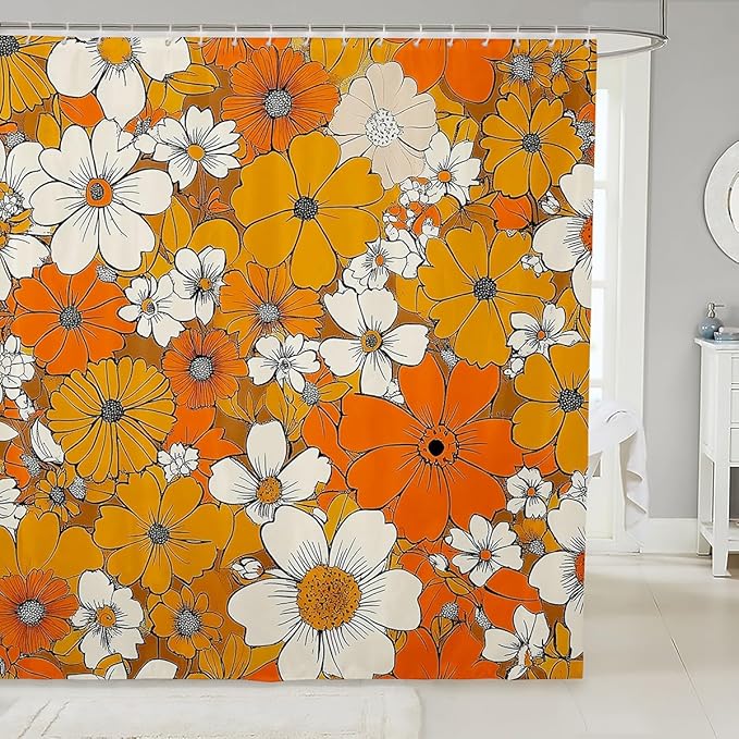 Boho Floral Bathroom Curtain 72"Wx72"L,Retro 1960S 1970S Groovy Flower Bath Curtain for Kid Boys Girls Teens,Orange Boho Hippie Psychedelic Shower Curtain Botanical Blossom Bathroom Decor Set