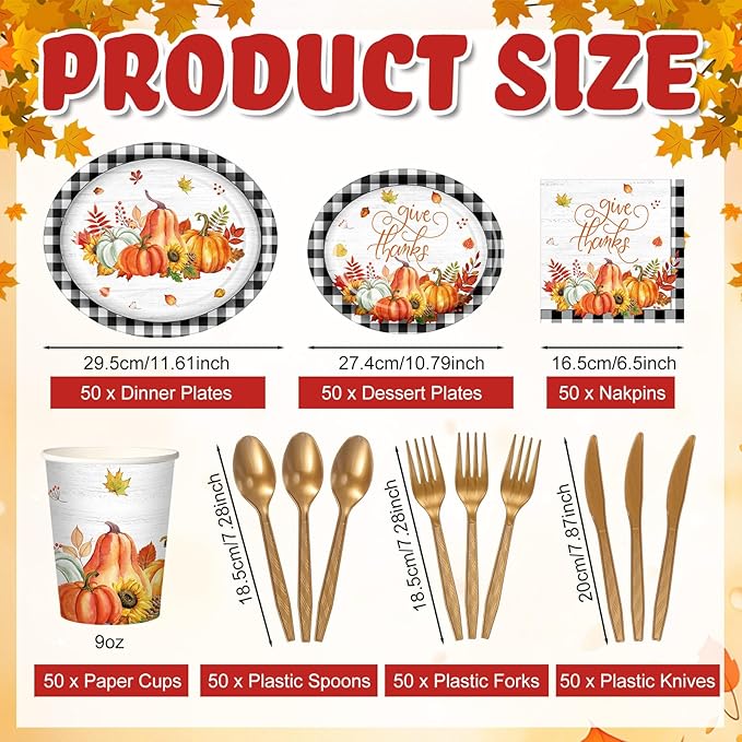 Havawish 350 Pcs Fall Thanksgiving Party Supplies Give Thanks Tableware Set Black White Buffalo Plaids Pumpkin Disposable Oval Plates Cups Napkins Fork Knife Spoon Dinnerware for Autumn Table Decor