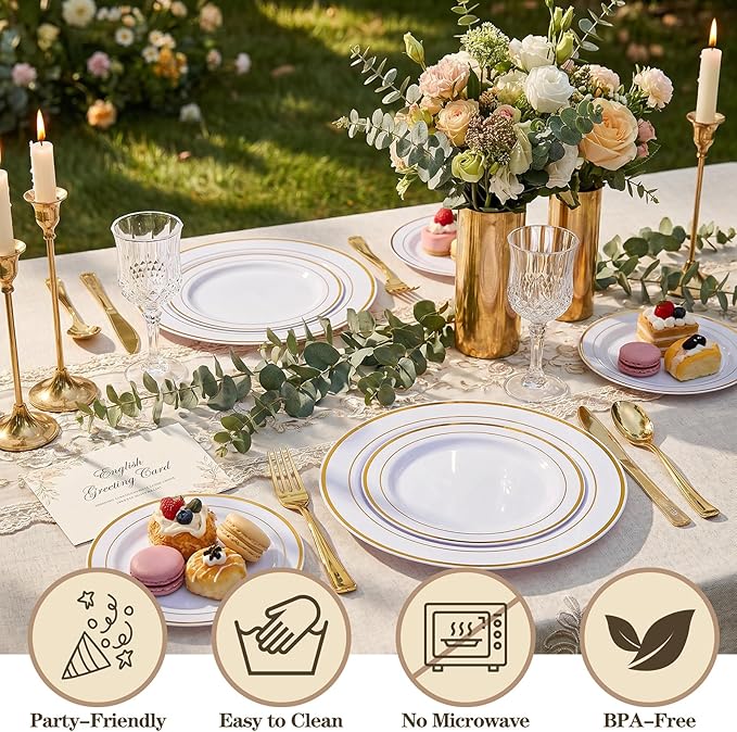 I00000 102 Pieces Gold Plastic Plates, Disposable Party Plates White Gold Rim, 51 Disposable Gold Dinner Plates 10.25 Inch and 51 Disposable Dessert Appetizer Elegant Fancy Wedding Plates 7.5 Inch