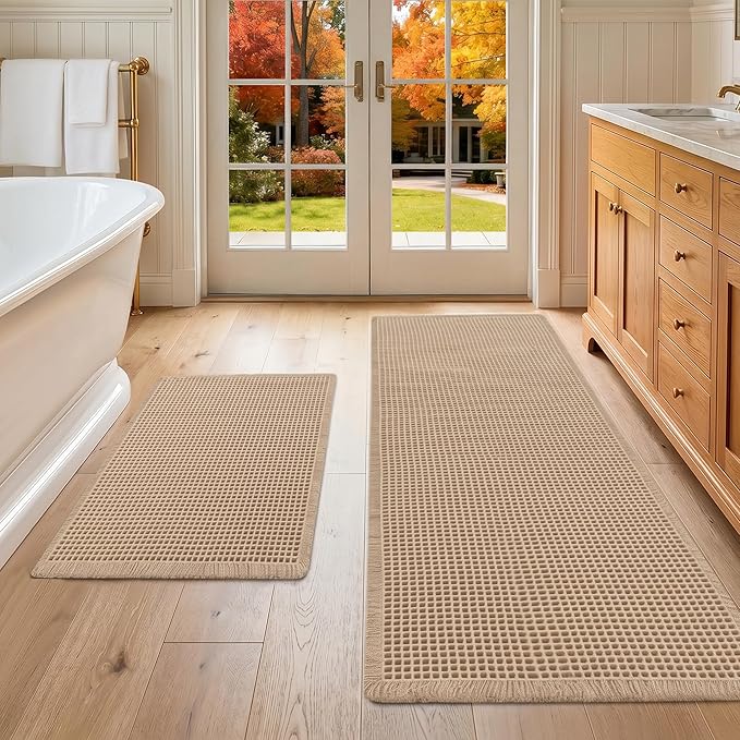 DWCN Set of 2 Waffle Boho Bathroom Mats, Non Slip Bath Rug Set for Bathroom Floor, Super Absorbent Shower Mats for Tub, Washable Kitchen Rugs for Farmhouse Decor, 20" x 32" Plus 24" x 60", Brown