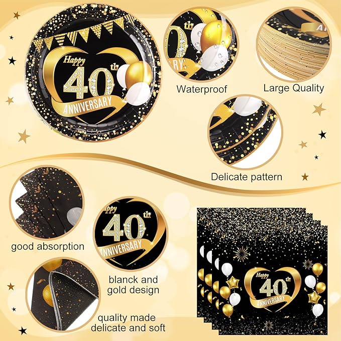 Pickmesh 400 Pcs 40th Wedding Anniversary Party Decorations Set, Includes 40th Anniversary Plates, Napkins, Cups, Cutlery for Birthday Wedding Party Favors, Serves 50 Guests