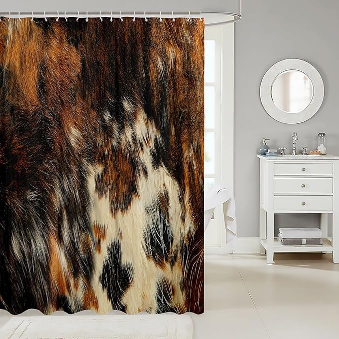 Cowhide Fabric Shower Curtain Black Brown Cow Shower Curtain Kids Boys Girls Women Bull Cattle Skin Decor Bathroom Waterproof Accessories with 12 Hooks Wildlife Fur Hair Farmhouse Animal,72x72 Inches