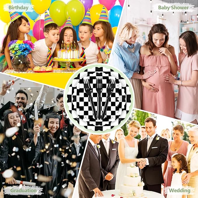 Mulbozy 100 Black Checkered Plates and Napkins Disposable Set Includes 25-9" & 25-7" Dessert Cake Scalloped Plates, Cocktail Napkins, Forks for for Holiday Party Supplies