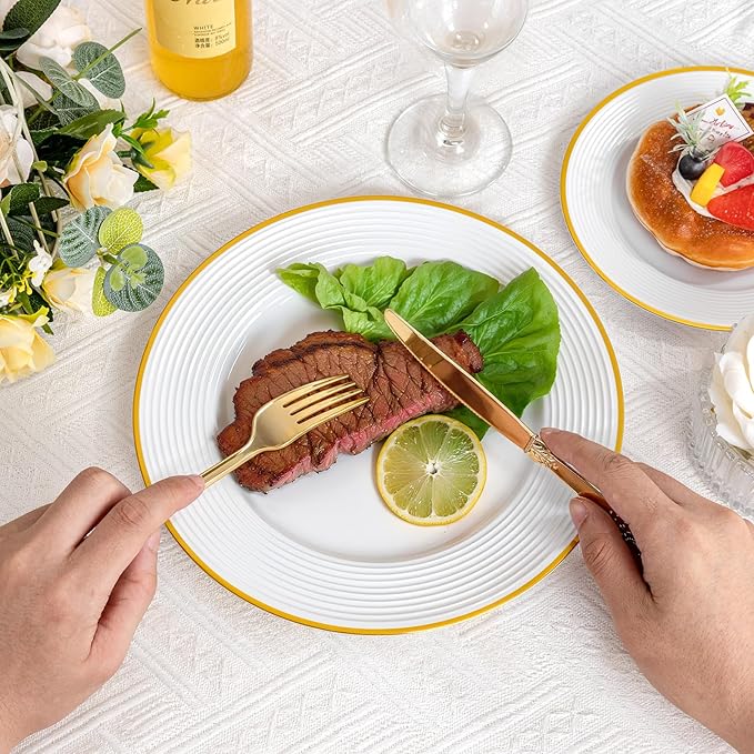 Liacere 100PCS Gold Plastic Plates - Heavy Duty Disposable Plates - White and Gold Plate 100PCS Dinner/Dessert Plate for Party & Wedding & Birthday