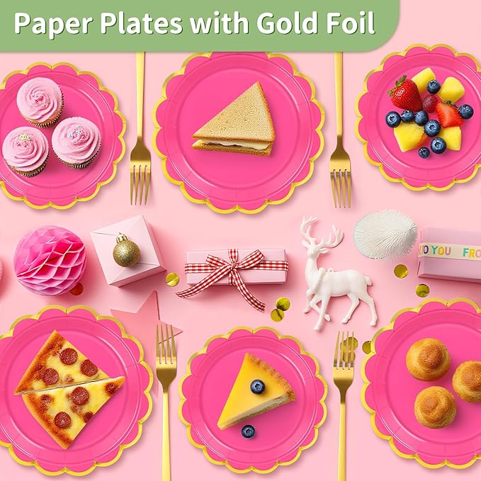 50 Pcs Rose Paper Plates, 25 Pcs 9" and 25 Pcs 7" Disposable Rose Scalloped Plates with Gold Foil for Graduation Wedding Baby Shower Birthday Party Picnic BBQ