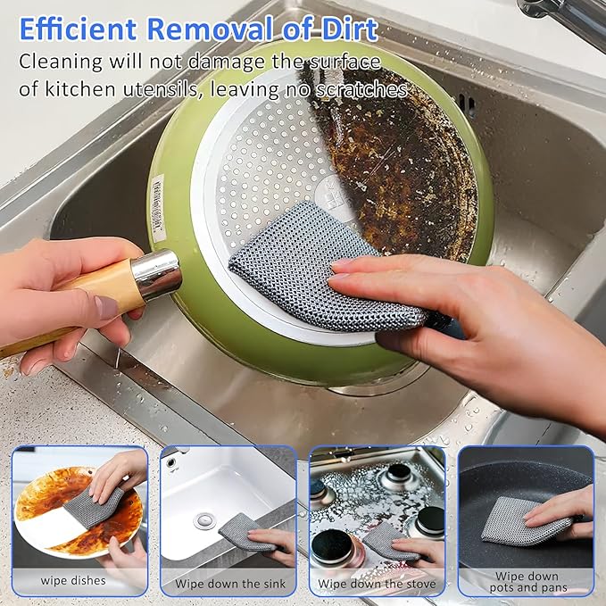 316L Stainless Steel Cast Iron Scrubber Cleaner,Chain Mail Scrubber with Silicone Insert,for Cast Iron Skillet, Cleaning Steel Skillet, Wok, Carbon Steel (8CM*10CM)