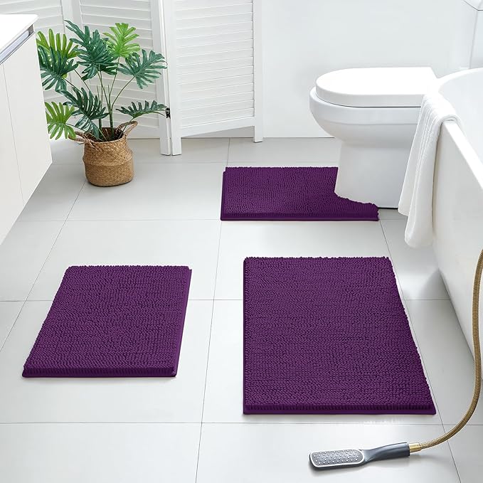 BYSURE Deep Purple Bathroom Rugs Sets 3 Piece Non Slip Extra Absorbent Plush Chenille Soft Washable Bath Mats