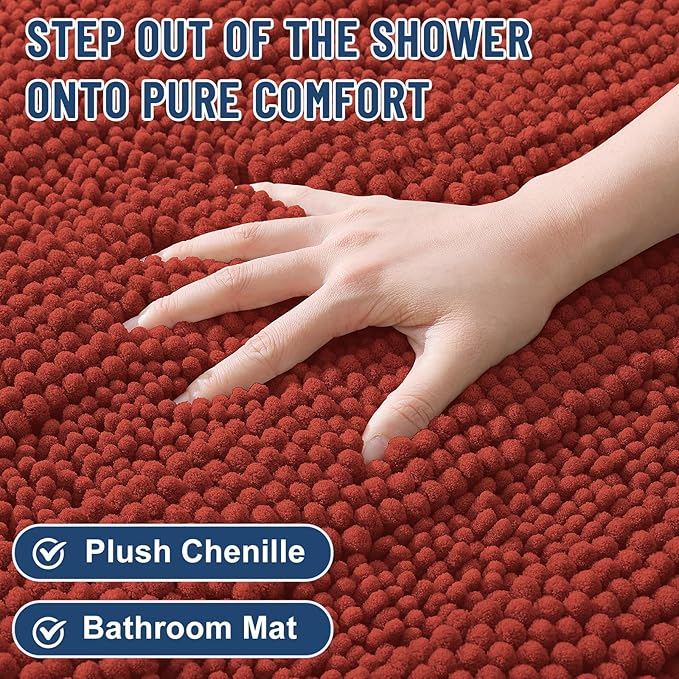 Grandaily Chenille Striped Bathroom Rugs 44x24, Extra Thick and Soft Absorbent Bath Mats, Rubber Backing, Plush Shaggy Shower Carpet, Machine Wash Dry, Bath Rug for Bathroom, Rustic Terracotta