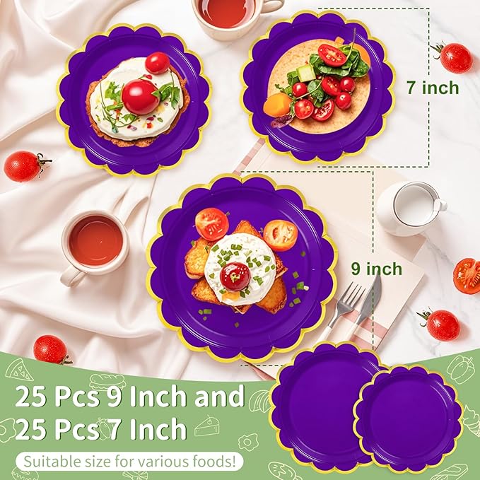 50 Pcs Purple Paper Plates, 25 Pcs 9" and 25 Pcs 7" Disposable Dark Purple Scalloped Plates with Gold Foil for Graduation Wedding Baby Shower Birthday Party Picnic BBQ
