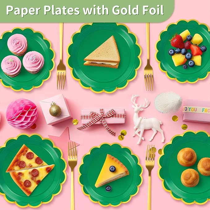 50 Pcs Green Paper Plates, 25 Pcs 9" and 25 Pcs 7" Disposable Green Scalloped Plates with Gold Foil for Graduation Wedding Christmas Baby Shower Birthday Party Picnic BBQ