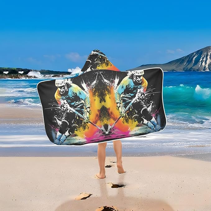 Hooded Towel for Kids Abstract Running Ice Hockey Player Beach Wrap Bath Towels 50x23.5in