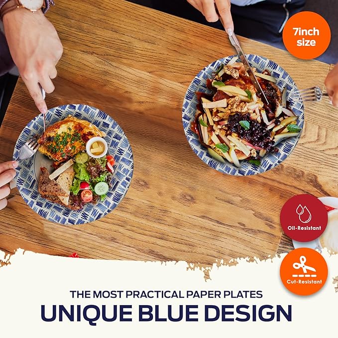 PAMI Heavy-Duty Disposable Small Round Paper Dishes | Microwave-Safe, Oil, Water & Cut Resistant (7 Inch Plate 50 Blue)