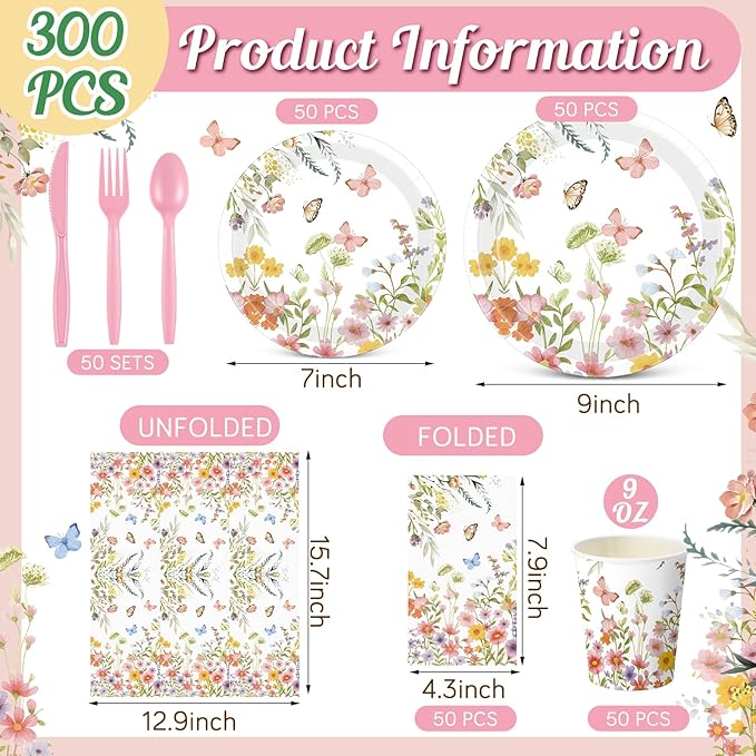Sinmoe 400 Pcs Spring Plates and Napkins Set Paper Flower Dinnerware Disposable Party Supplies for 50 Guest Dinnerware Knife Fork Spoon for Spring Birthday Party (Pink,Floral)
