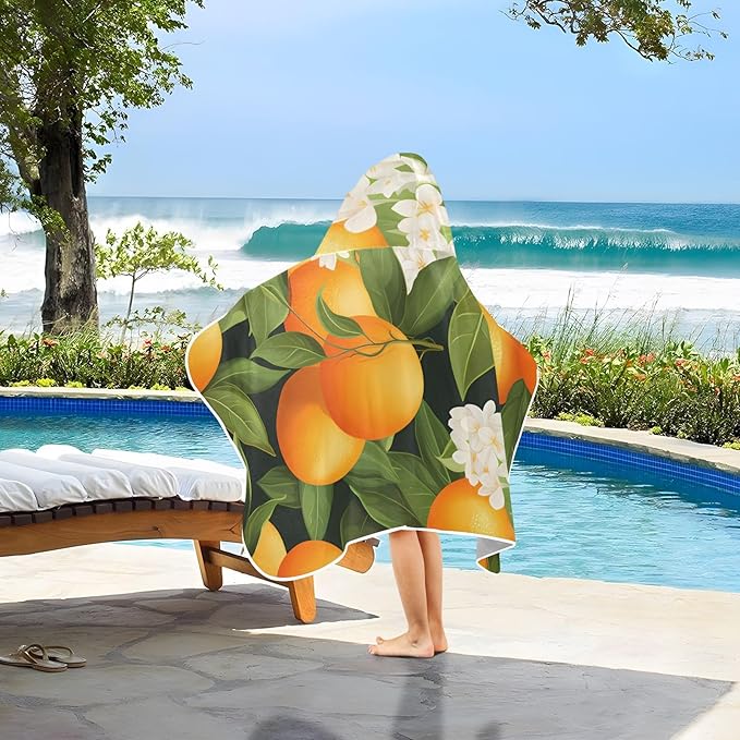 Hooded Towel for Kids Oranges and Blossoms Pattern Beach Wrap Bath Towels 50x23.5in