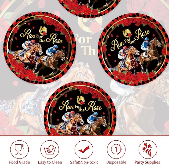 50Pcs Derby Paper Round Plates 10" Heavy Duty Run for the Roses Disposable Dessert Plates Derby Day Racing Horse Dinner Plates Tableware Sets for Kentucky Horse Birthday Party Supplies Decorations