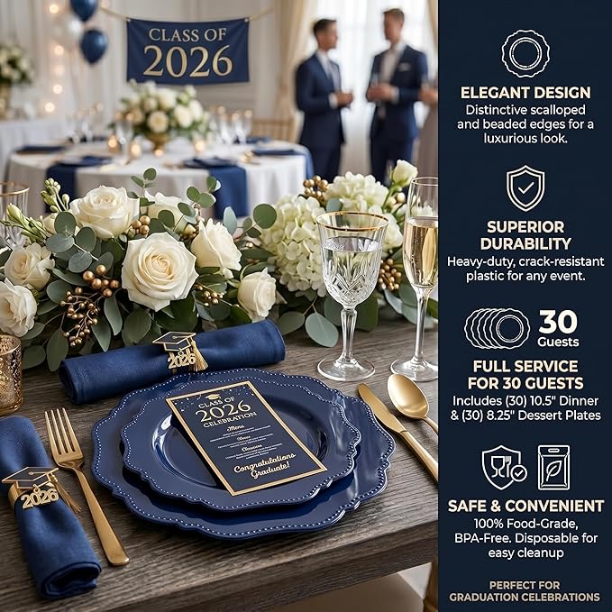 COLOSUS Navy Blue Disposable Plastic Party Plates Set Include 60pcs (30 guest) Dinner plate and Dessert Plate Heavy weight Party Dinnerware Plates