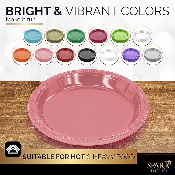 Amcrate Disposable Plastic Plates Pink, 10.4 Inches Plastic Dinner Plates, Strong and Sturdy Disposable Plates for Party, Dinner, Holiday, Picnic, or Travel Party Plates, Pack of 50