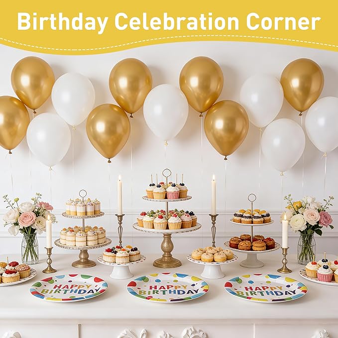 100 Pcs Birthday Party Supplies for 25 Guests, Heavy-Duty 7" & 9" Paper Plates, 2-Ply 13" Napkins & Plastic Forks, Disposable Rainbow Confetti "Happy Birthday" Tableware Set