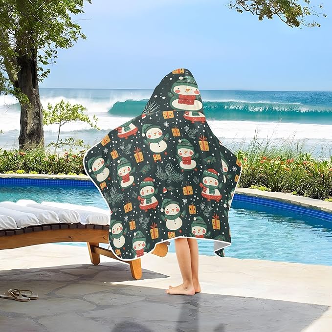 Kids Beach Towels Cartoon Cute Snowman Christmas Green Hooded Towels for Kids Absorbent Bath Towels with Hood