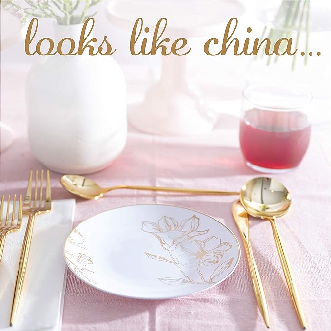 PLASTICPRO White Plastic Floral Design Party Plates With Gold Rim Premium heavyweight Elegant Disposable Tableware Dishes (120, 6'' INCH PLATES)