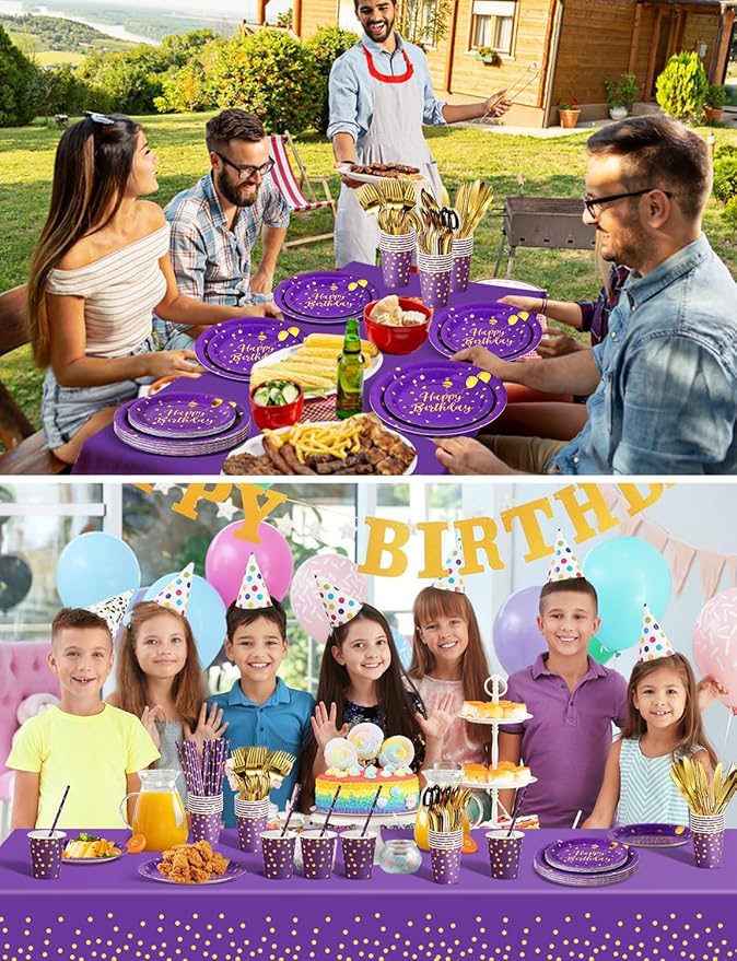 Nkaiso Birthday Party Tableware, 161 Pieces Purple Gold Party Supplies, Dinnerware Sets Include Paper Plates Napkins Cups Silverware, for Shower Engagement Parties Decoration -20 Serves