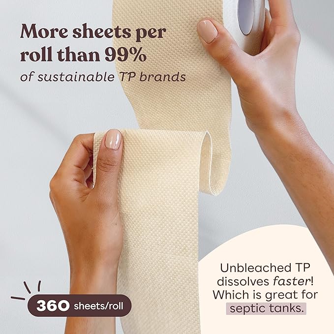 Betterway Unbleached Bamboo Toilet Paper Rolls - Eco-Friendly 3 Ply Toilet Tissue - 12 Long-Lasting Rolls - 360 Sheets/Roll - Organic, FSC Certified, Septic Safe TP - Lint-Free, PFAS-Free Bath Tissue