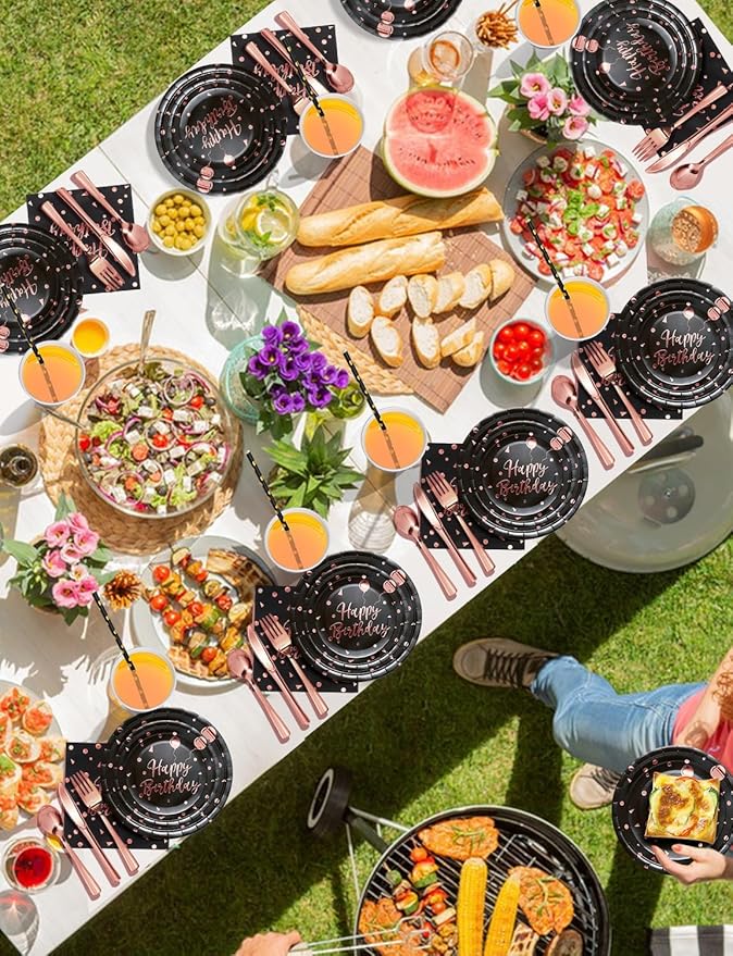 Nkaiso Birthday Party Tableware, 161 Pieces Black and Rosegold Party Supplies, Party Dinnerware Sets Include Paper Plates Napkins Cups Silverware, for Shower Engagement Parties Decoration -20 Serves