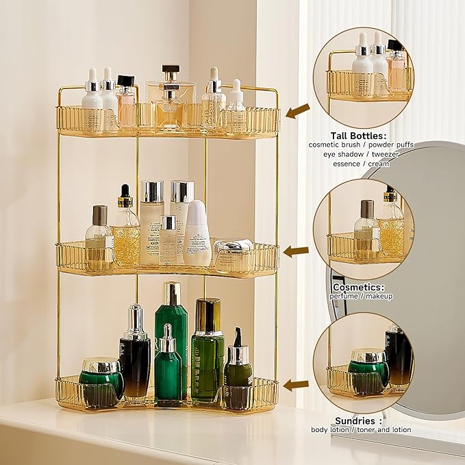Ceruaxb 3-Tier Corner Bathroom Counter Organizer, Plastic Countertop Makeup Organizer, Large Capacity Vanity Bathroom Perfume Shelf Rack for Kitchen Office Desktop (Green)