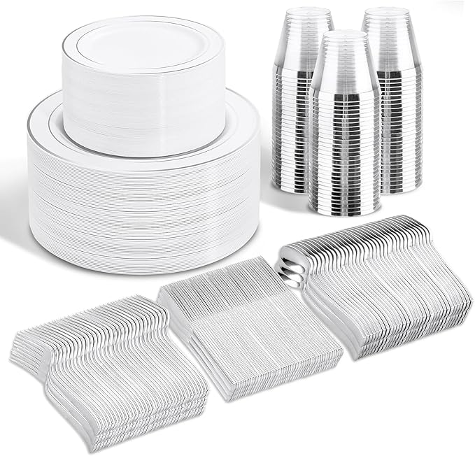 WELLIFE 600 Pcs Sliver Disposable Dinnerware for 100 Guests, Dinnerware Set of 100 Dinner Plates, 100 Salad Plates, 100 Spoons, 100 Forks, 100 Knives, 100 Cups