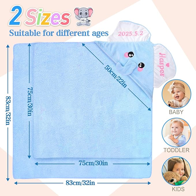 Baosity Custom Hooded Baby Towel with Name, Personalized Soft Absorbent Elephant Bath Towels, Shower Towels for Girls Boys, Easter Brithday Christmas for Baby, Toddler, Newborn Essential