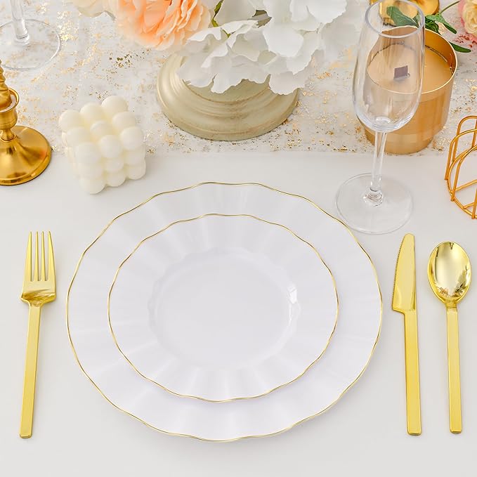 102Pcs White Plastic Plates, Heavy Duty Fancy Disposable Plate with Gold Rim, Party Plates include 51 Dinner & 51 Dessert Platos for Parties and Wedding(51 Guests)