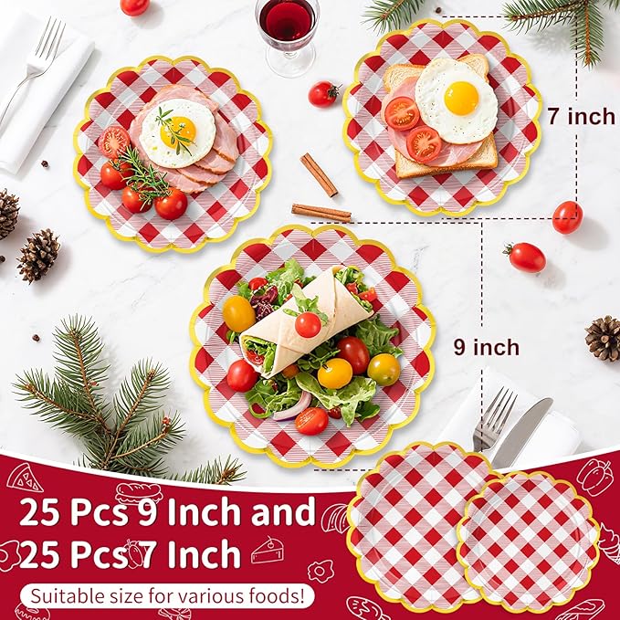 50 Pcs Red and White Checkered Paper Plates, 25 Pcs 9" and 25 Pcs 7" Disposable Christmas New Years Scalloped Plates with Gold Foil for Graduation Wedding Baby Shower Birthday Party Picnic BBQ