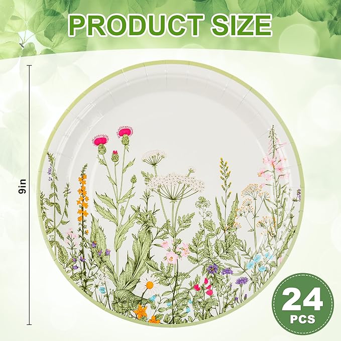 AimFun Wildflower Party Plates 9" Floral Paper Plates Botanical Green Leaves Herbs Disposable Flower Party Supplies Spring Summer Vintage Garden Decorative Dinner Dessert Plates