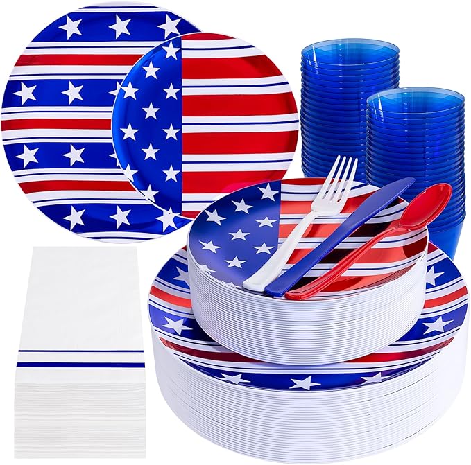 Festiva 175Pcs 4th of July Plates & Red White Blue Disposable Plastic Silverware &Clear Blue Cups-American Flag Patriotic Party Supplies for,4th of July&Memorial Day