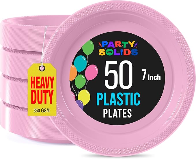 Exquisite Party Solids Pink Plastic Plates For Party Supplies 7" Pink Disposable Plates Heavy Duty 50 Pcs Plastic Dinnerware Sets Heavy Duty 350 GSM Disposable Dinnerware Set