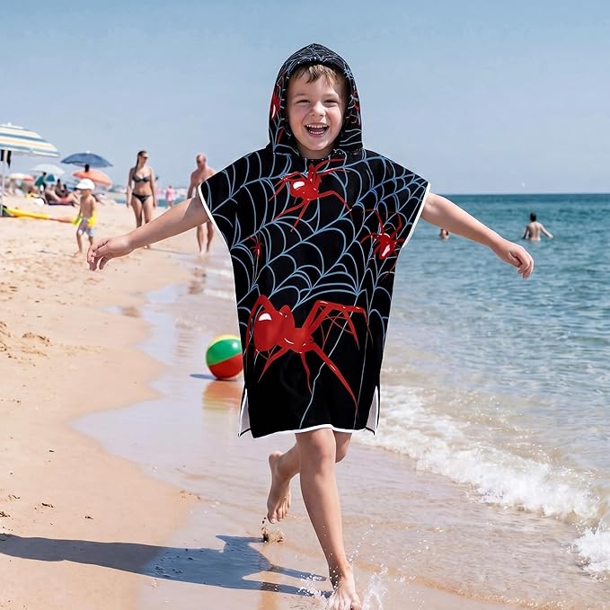 Fanfanwin 2 Pack Spider Web Bath Towel Beach Hooded Bath Towel 37.8x23.62 Inches Spider Them Poncho with Snap Buttons Hood Soft Microfiber Rapid Dry for Beach, Pool, Swim, Travel, Home Use