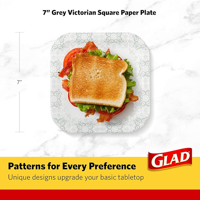 Glad Square Heavy Duty Paper Plates, Soak Proof and Cut Proof Disposable Plates for Parties and Everyday Meals, Microwaveable for Easy Serving, Grey Victorian Pattern, 7 Inch, 50 Count