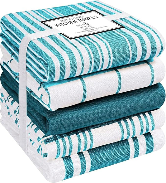 Cotton Clinic Assorted Kitchen Towels 5 Pack – Soft Absorbent Quick Drying Table & Kitchen Linen - Dish Towels, Dish Cloths, Tea Towel and Cleaning Towel with Hanging Loop – 16x28 / Teal Green White