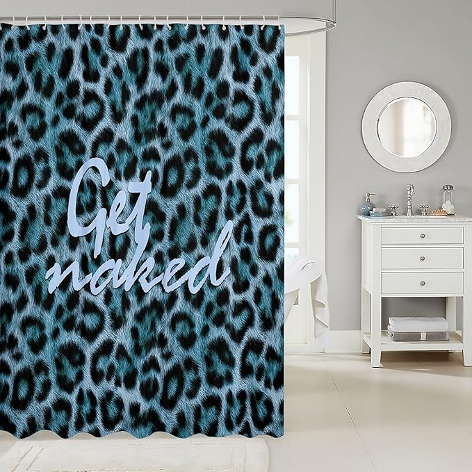 Feelyou Leopard Print Get Naked Shower Curtain for Bathroom Decor Funny Quotes Bath Curtain for Stalls Bathtubs Blue Bathroom Accessories Cheetah Waterproof Polyester Fabric with 12 Hooks 72"x84"