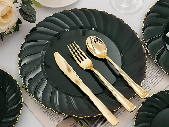 YOUBET 150PCS Emerald Green Plastic Plates - Green and Gold Disposable Dinnerware Include 50 Plates, 25 Knives, 25 Forks, 25 Spoons, 25 Napkins Ideal for Party & Wedding