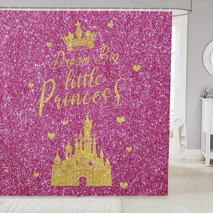 jejeloiu Dreamy Princess Shower Curtain for Kids 72"x84" Hot Pink Glitter (No Glitter) Bathroom Shower Liner Room Decor Bath Curtain Castle Waterproof Soft Lightweight Polyester