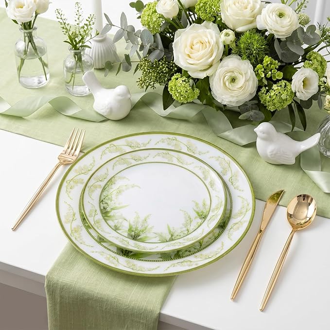 30Pcs Clear Plastic Plates - Lily of the Valley Plates Disposable Heavy Duty, Perfect for Weddings, Tea Parties, Holidays - 10.25" Dinner & 7.5" Dessert Plastic Plate