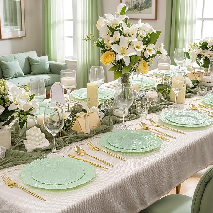 DaYammi 60 PCS Green Plastic Plates,Reef Plate Disposable & Reusable-Heavy Duty Plastic Plates for Party Including 30 Dinner Plate, 30 Dessert Plate,Green Disposable plates for Dinner Parties