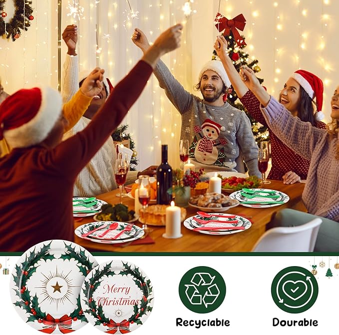FillTouch 350 Pcs Merry Christmas Paper Plates and Napkins Set for 50 Guests Disposable Dinner Tableware Dinnerware Party Supplies Includes 100 Paper Plates 50 Cups Napkins Set Knives Forks Spoons