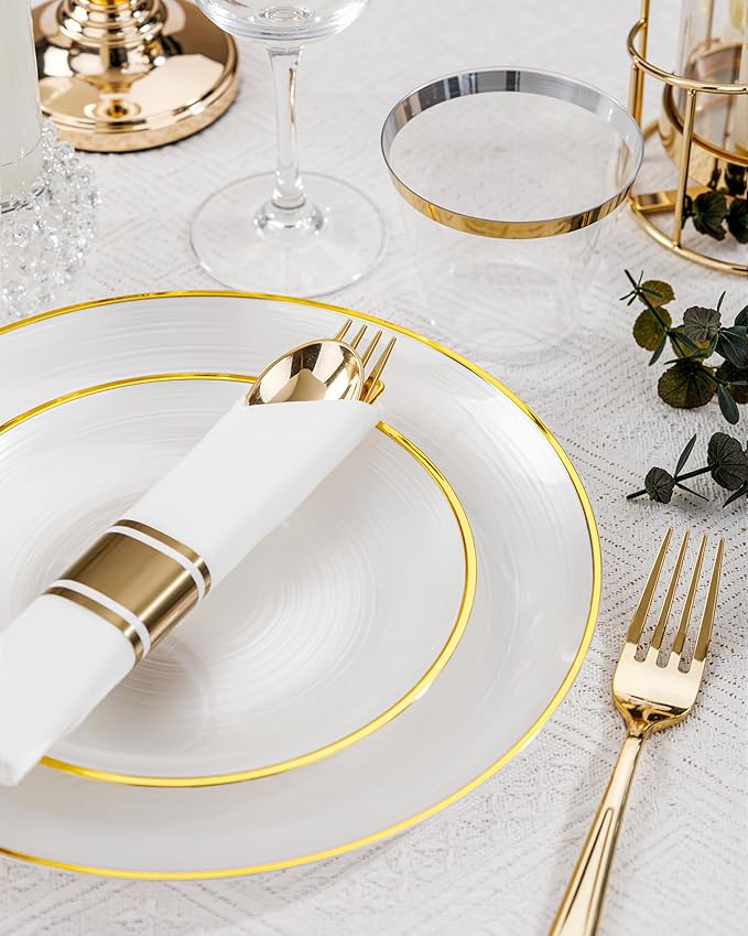 Morejoy 350PCS Pearl White and Gold Plastic Plates - Disposable Gold Party Plates & Pre Rolled Napkins with Cutlery for 50 Guests, 100Plates, 150Silverware, 50Cups, 50Napkin for Party & Mother's Day