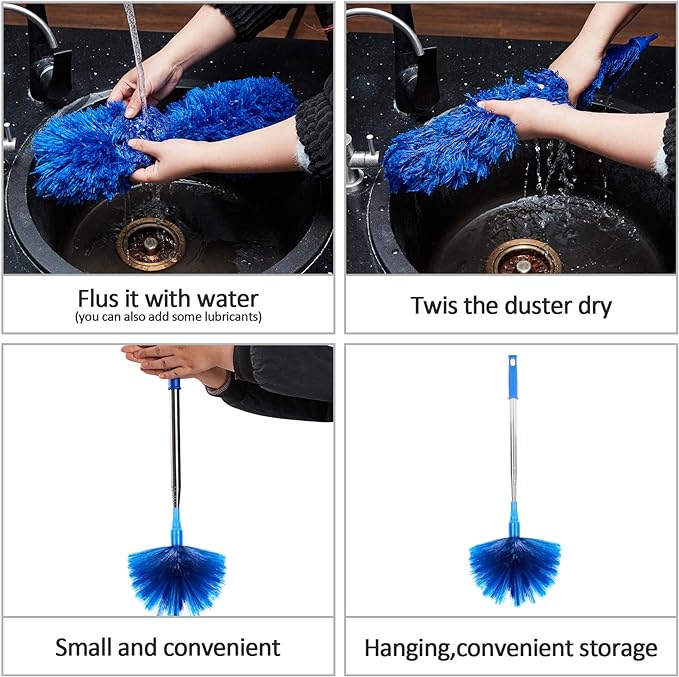 ZZ LAZYCOTTAGE Cobweb Duster with Extension Pole, Washable Cleaning Duster Kit with 2 Duster Heads, Cobweb Duster, Corner Brush, Aluminum Telescoping Pole for Ceiling Fan (Blue)