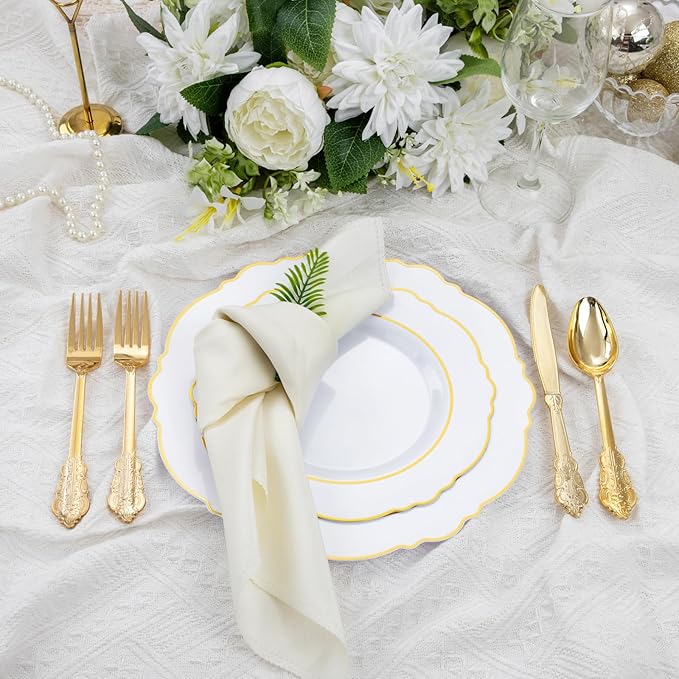 Liacere 350PCS Gold Plastic Plates-Disposable White and Gold Plates 50guest Baroque Plastic Dinnerware include 100Plates, 50Pack Pre Rolled Napkins with Silverware 50Cups for Wedding & Mothers Day