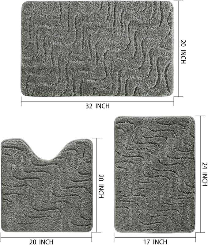 Bath Rugs Set 3 Pieces Bathroom Mat Soft Absorbent Plush Shaggy Soft Floor Non Slip Shower Bath Tub Machine Washable (Moss-Wave, 20"x32"/20"x20"/17"x24")