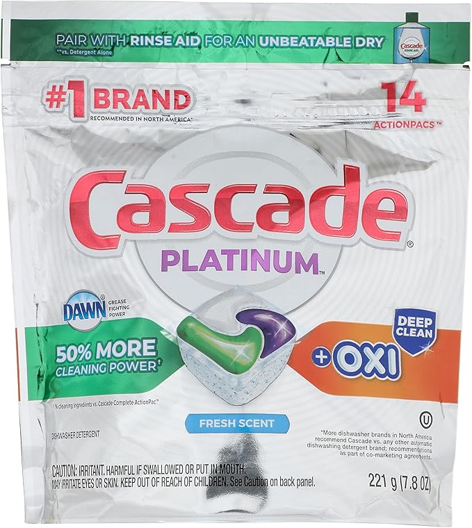CASCADE Platinum ActionPacs + Oxi, Dishwasher Detergent, Fresh Scent, 14 Ct